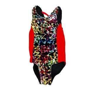 GK Elite Gymnastics Leotard Red Black Multi Design Velour Panel Size TD Or CXXS